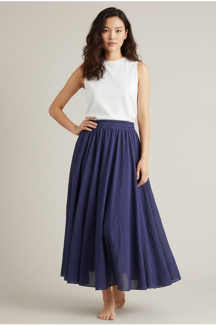 Jupe Plissée longue bleue marine fluide