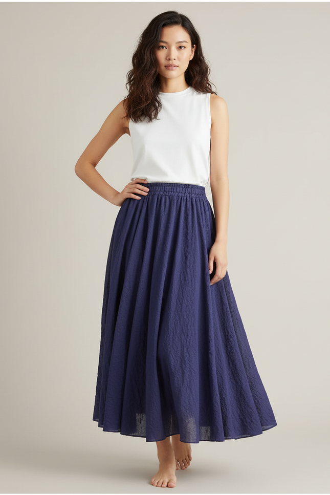 Jupe Plissée longue bleue marine fluide