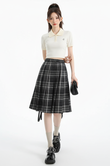 Jupe Plissée Carreaux Taille Haute Preppy