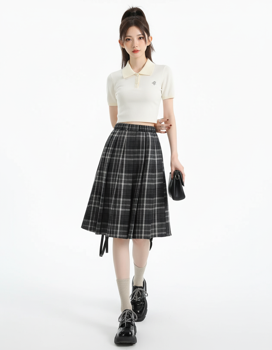 Jupe Plissée Carreaux Taille Haute Preppy