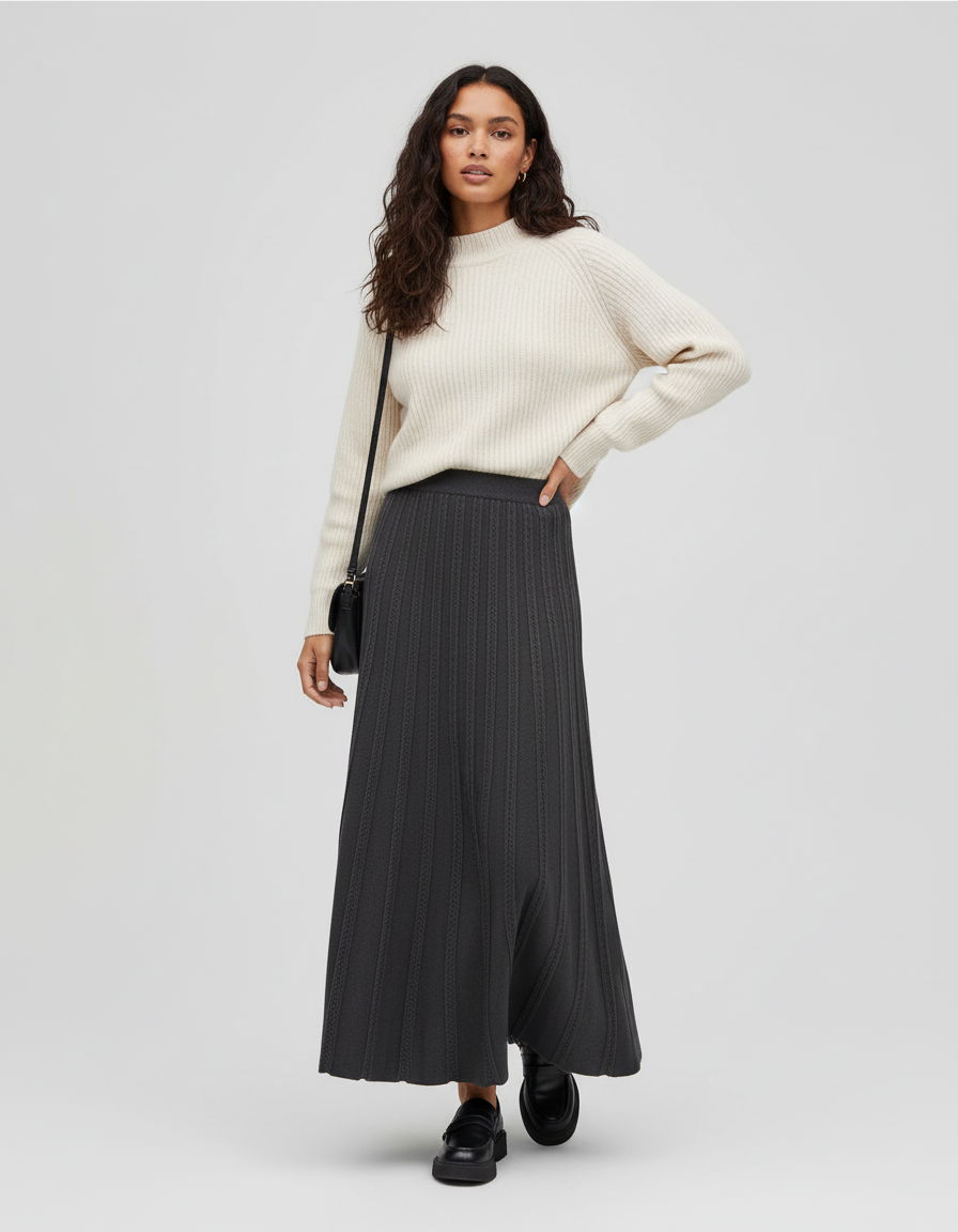 Jupe Plissée gris anthracite maille côtelée élégante