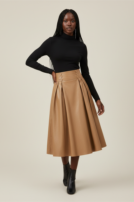 Jupe Plissée camel simili cuir élégante
