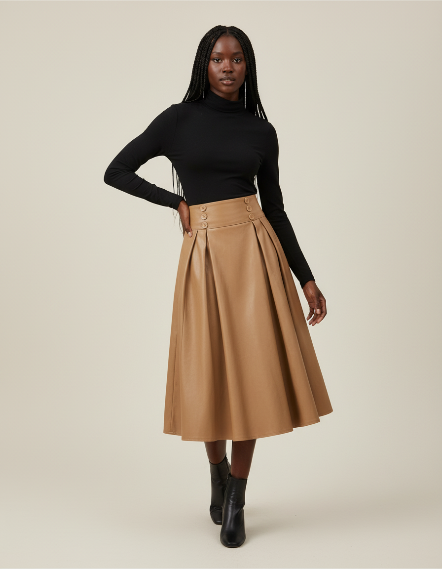 Jupe Plissée camel simili cuir élégante