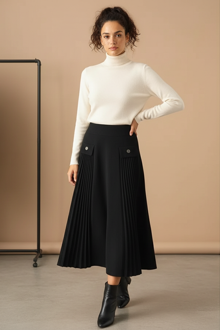 Jupe Plissée noire chic mi-longue