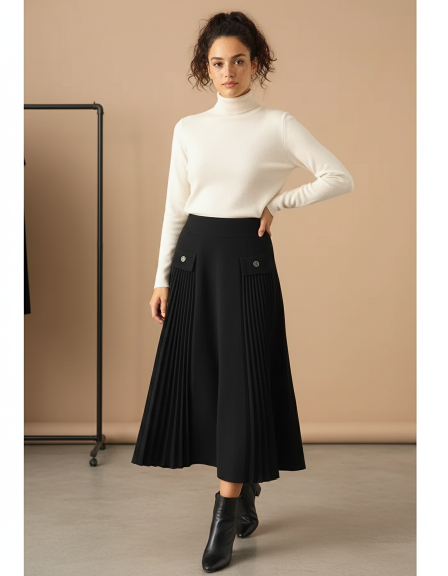 Jupe Plissée noire chic mi-longue