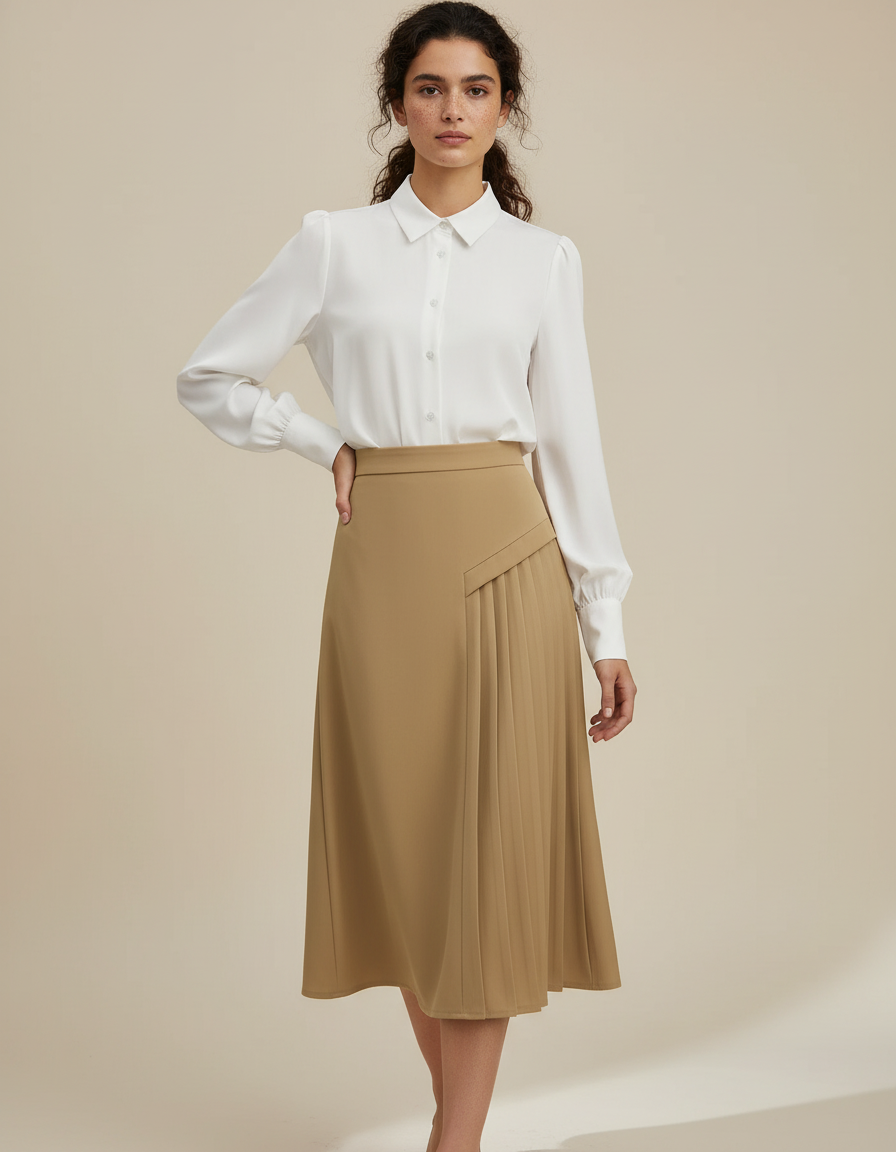 Jupe Plissée Camel Asymétrique Élégante