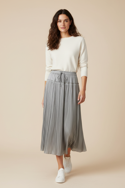 Jupe Plissée gris argent taille cordon élégante