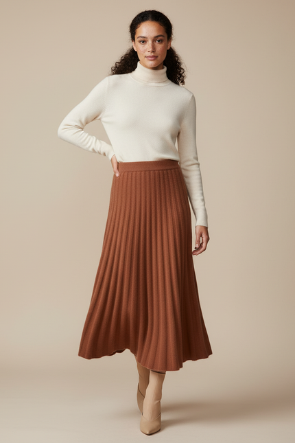 Jupe Plissée Maille Marron Élégante