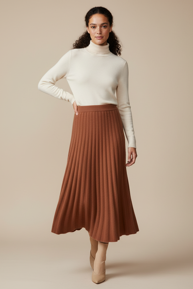 Jupe Plissée Maille Marron Élégante