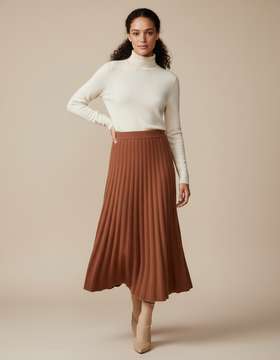 Jupe Plissée Maille Marron Élégante