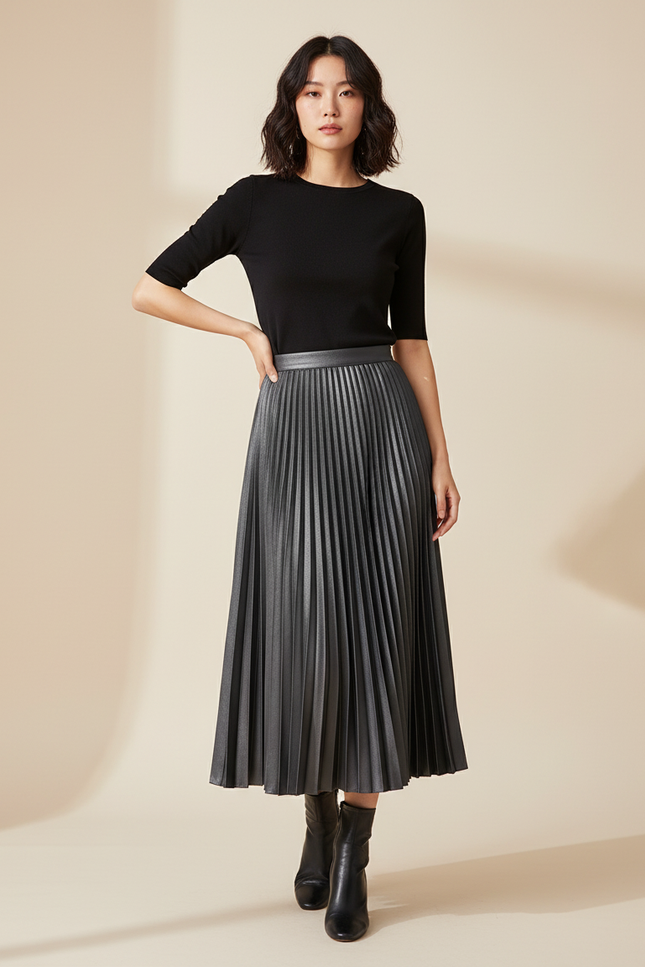 Jupe Plissée effet cuir gris chic