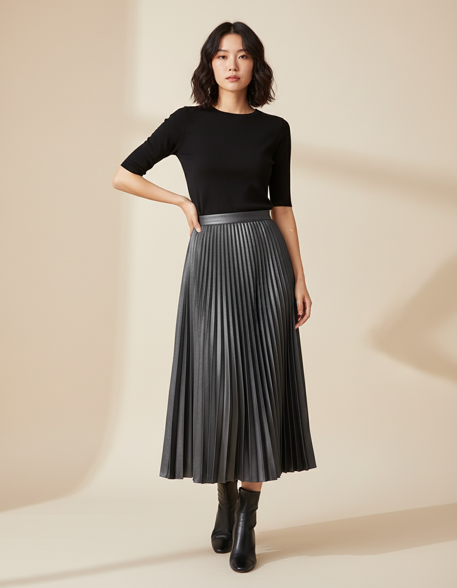 Jupe Plissée effet cuir gris chic