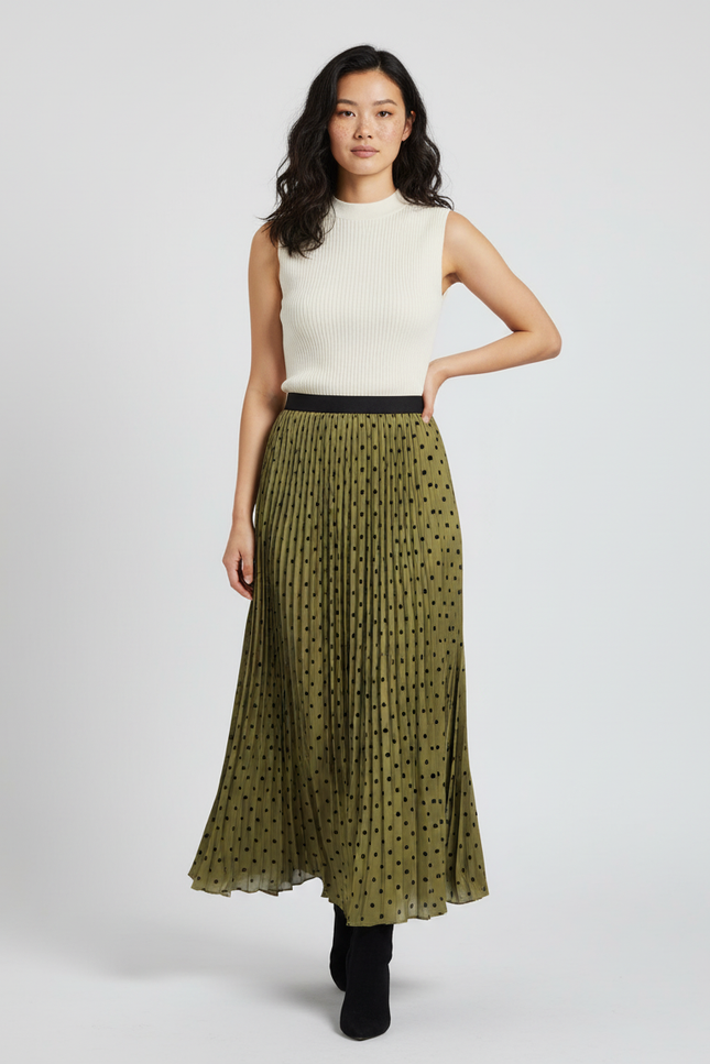 jupe longue plissée kaki
