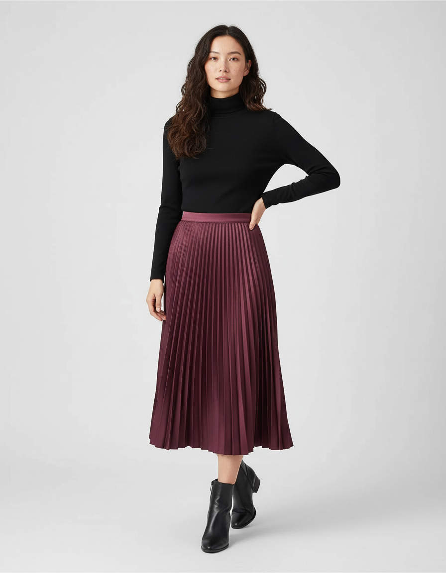Jupe Plissée Bordeaux Midi Élégante