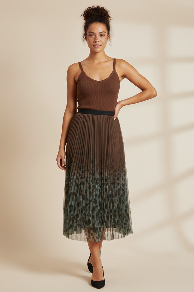 jupe longue plissée leopard kaki