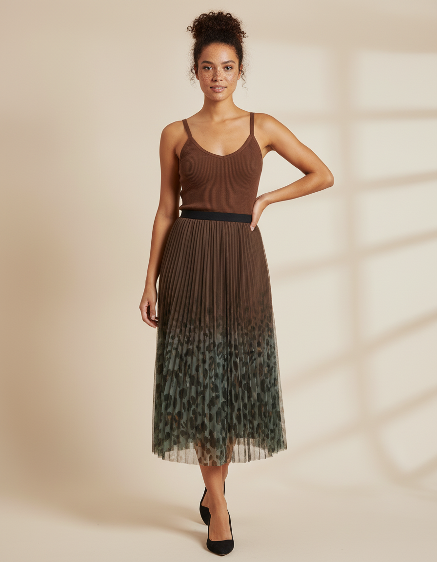 jupe longue plissée leopard kaki