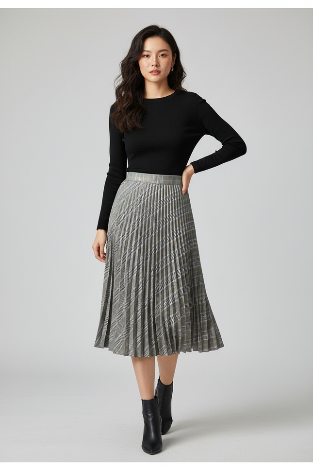 Jupe Plissée Plaid Grise Chic