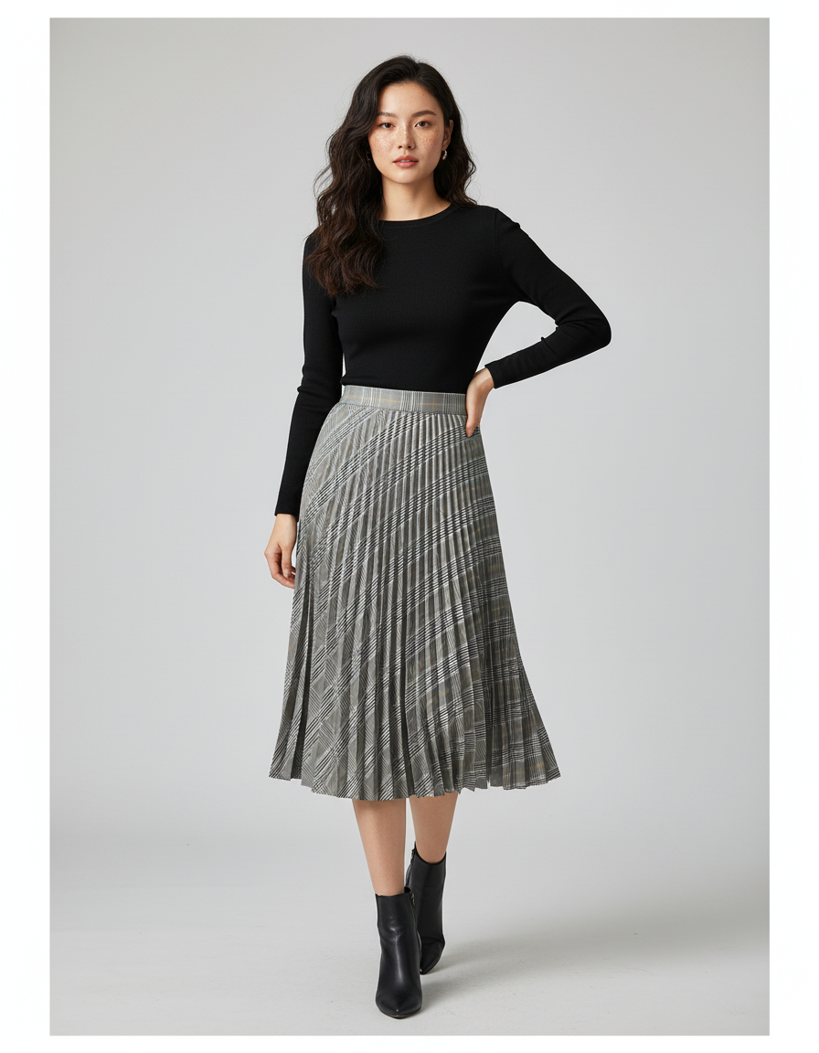 Jupe Plissée Plaid Grise Chic