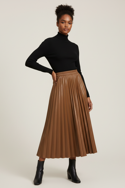 jupe plissée simili cuir marron