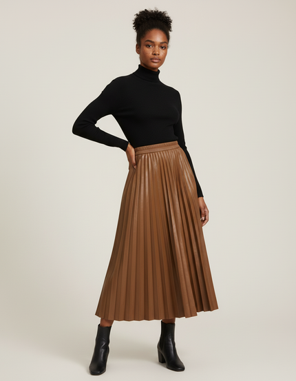 jupe plissée simili cuir marron