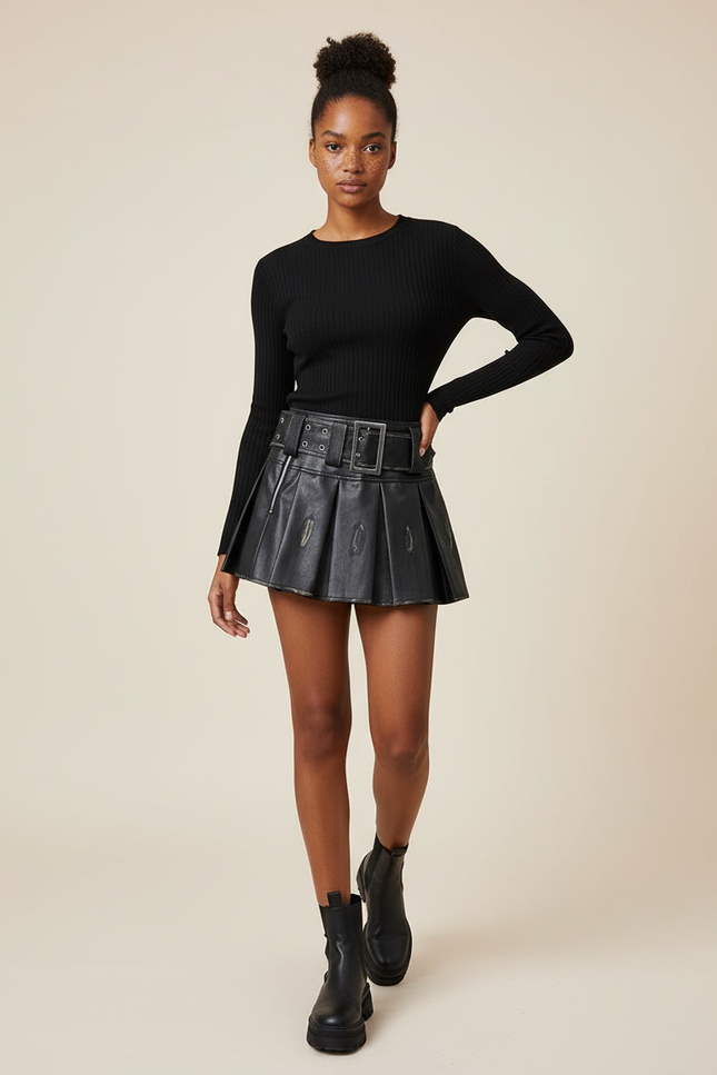 Jupe Plissée Noire Distressed Chic