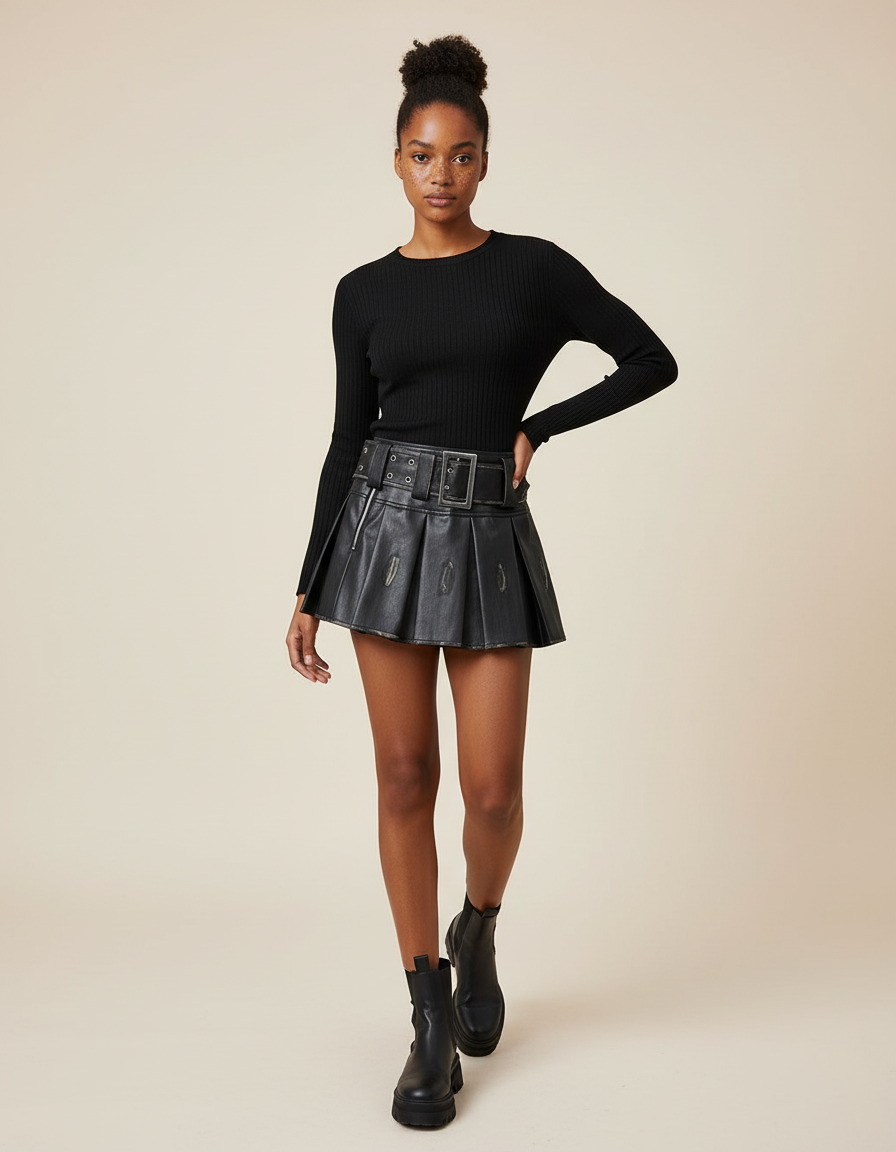 Jupe Plissée Noire Distressed Chic
