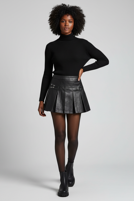 Jupe Plissée simili cuir noire punk