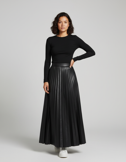 Jupe Plissée longue noire similicuir chic