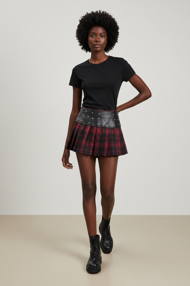 Jupe Plissée carreaux patchwork cuir Grunge