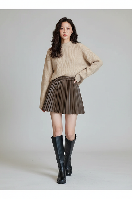 Jupe Plissée Similicuir Marron Chic