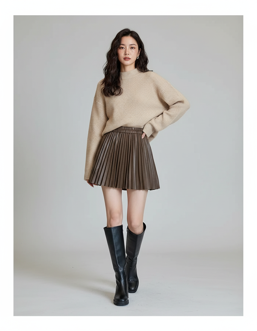 Jupe Plissée Similicuir Marron Chic