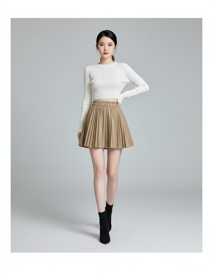 Jupe Plissée camel simili cuir chic