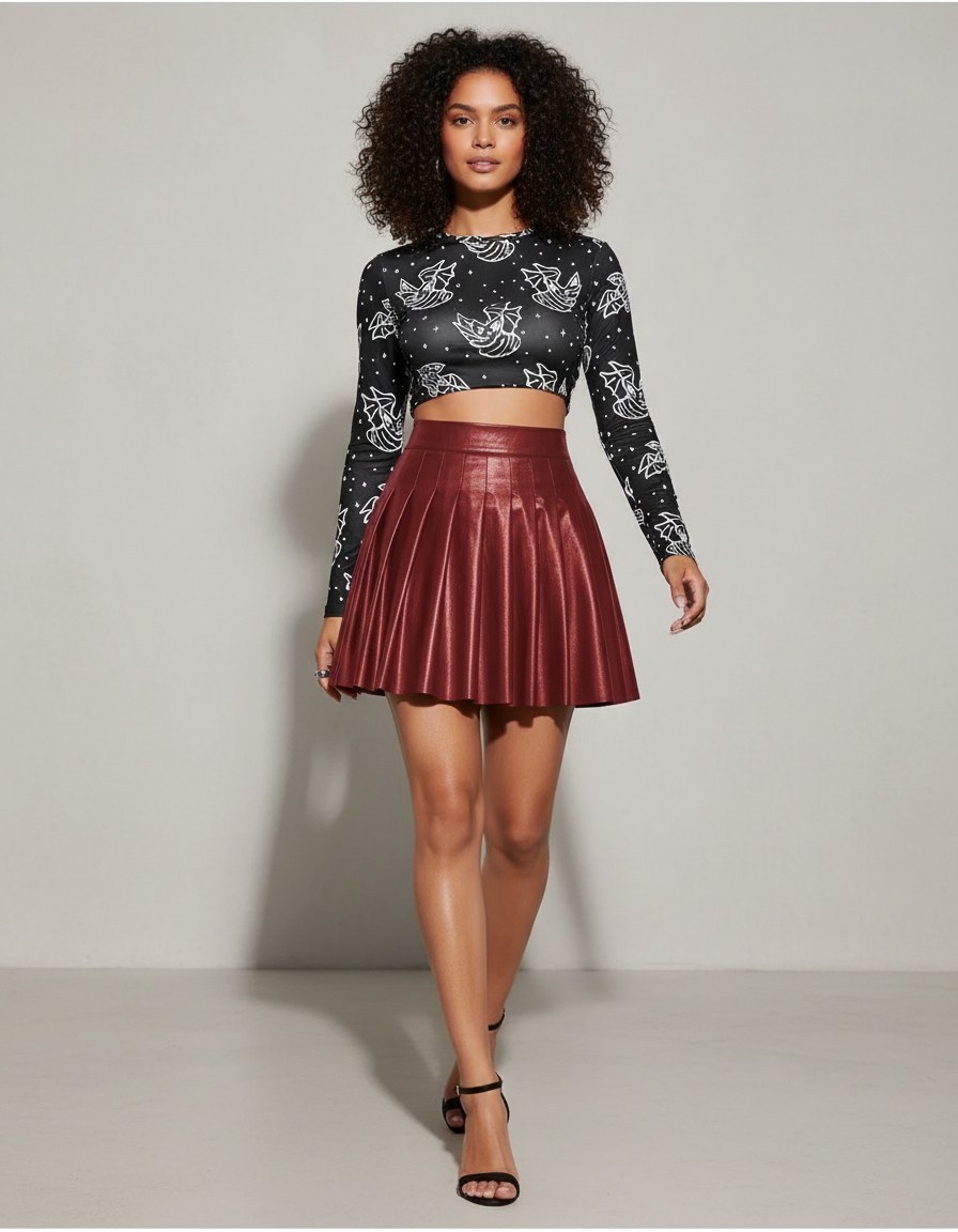Jupe Plissée Bordeaux Similicuir Chic