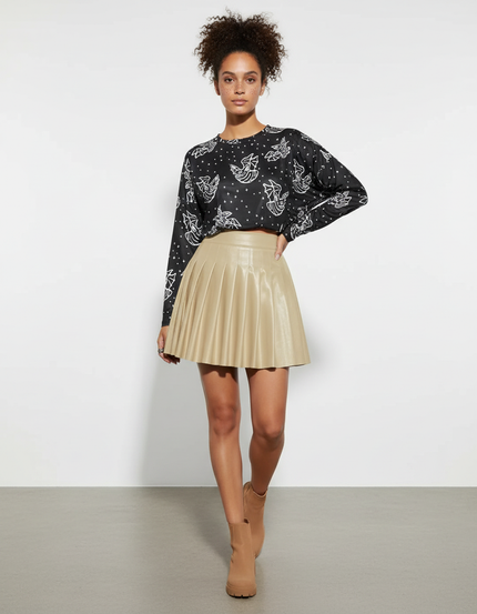 Jupe Plissée Beige Similicuir Chic