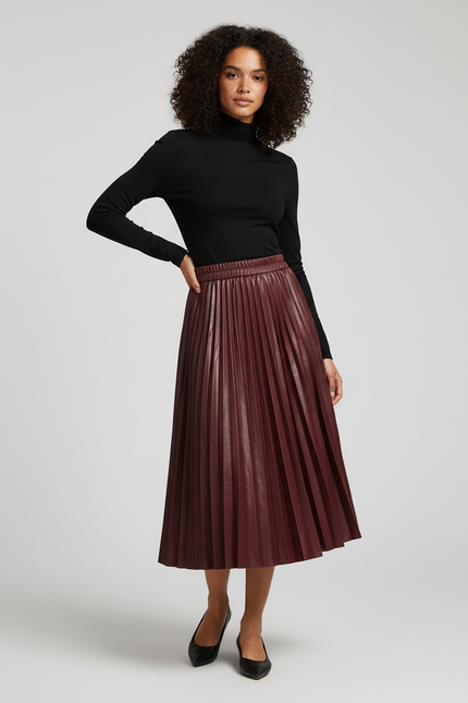 jupe plissée simili cuir bordeaux