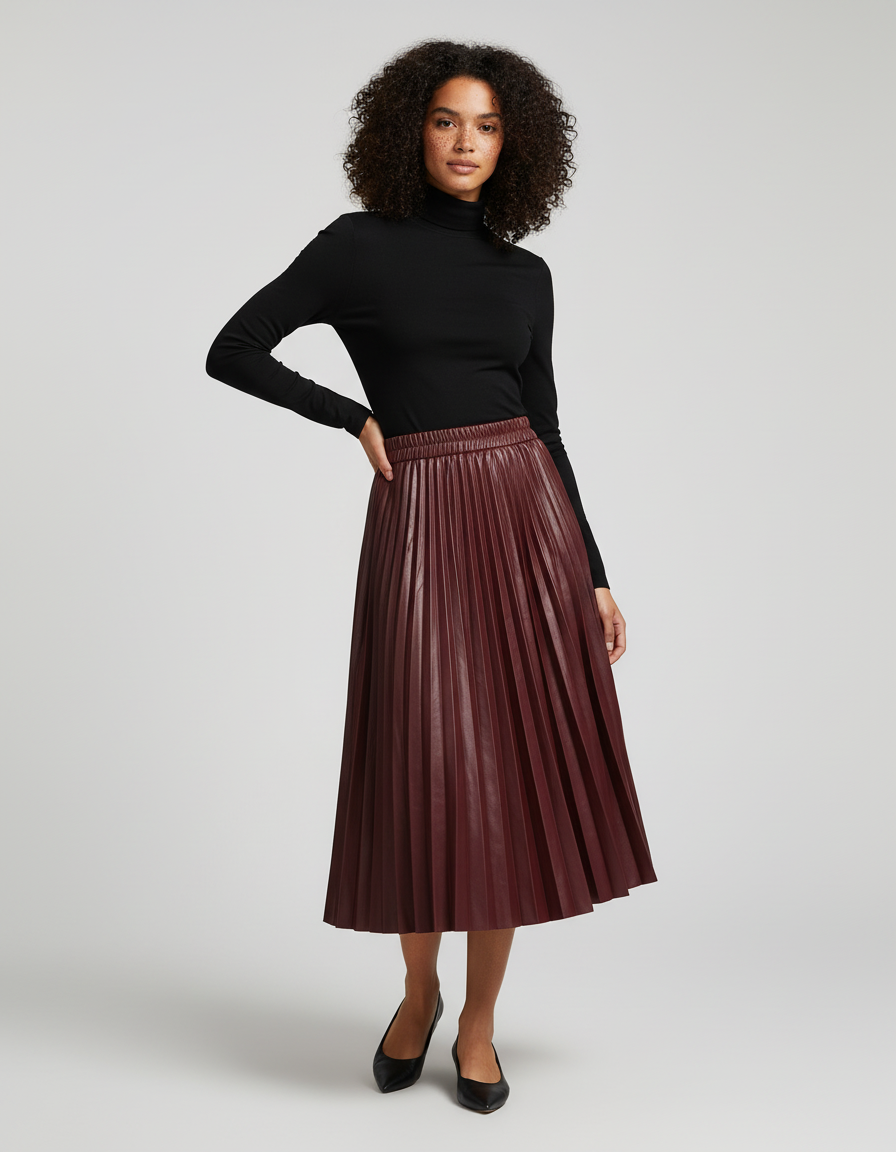 jupe plissée simili cuir bordeaux