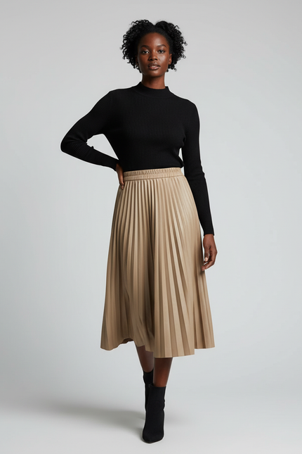 jupe plissée simili cuir beige