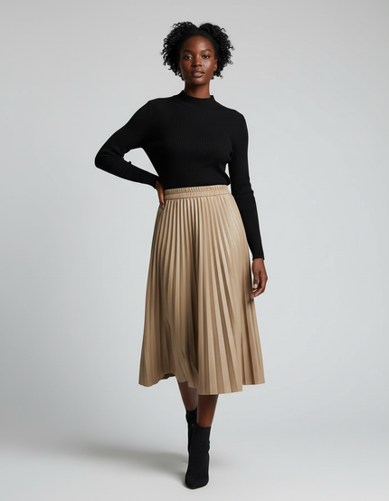 jupe plissée simili cuir beige