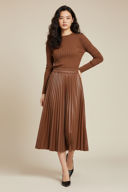 jupe plissée cuir marron