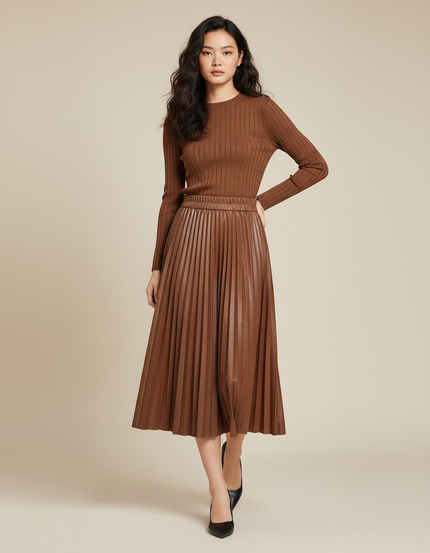 jupe plissée cuir marron