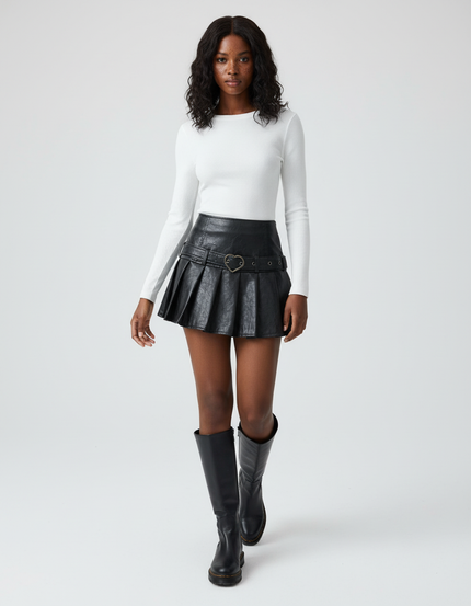 Jupe Plissée Noire Simili Cuir Chic