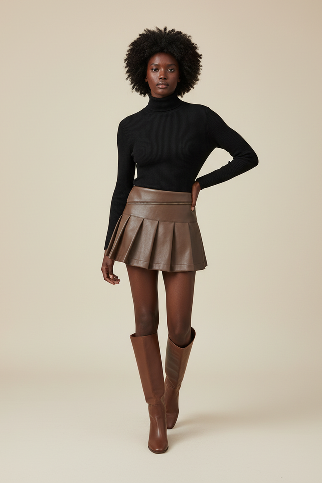 Jupe Plissée Marron Simili Cuir Chic