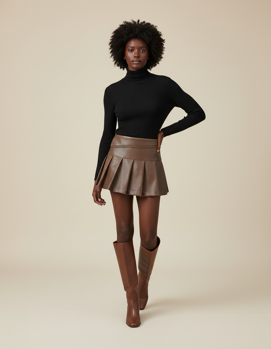 Jupe Plissée Marron Simili Cuir Chic