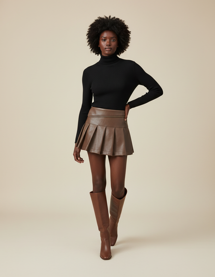 Jupe Plissée Marron Simili Cuir Chic