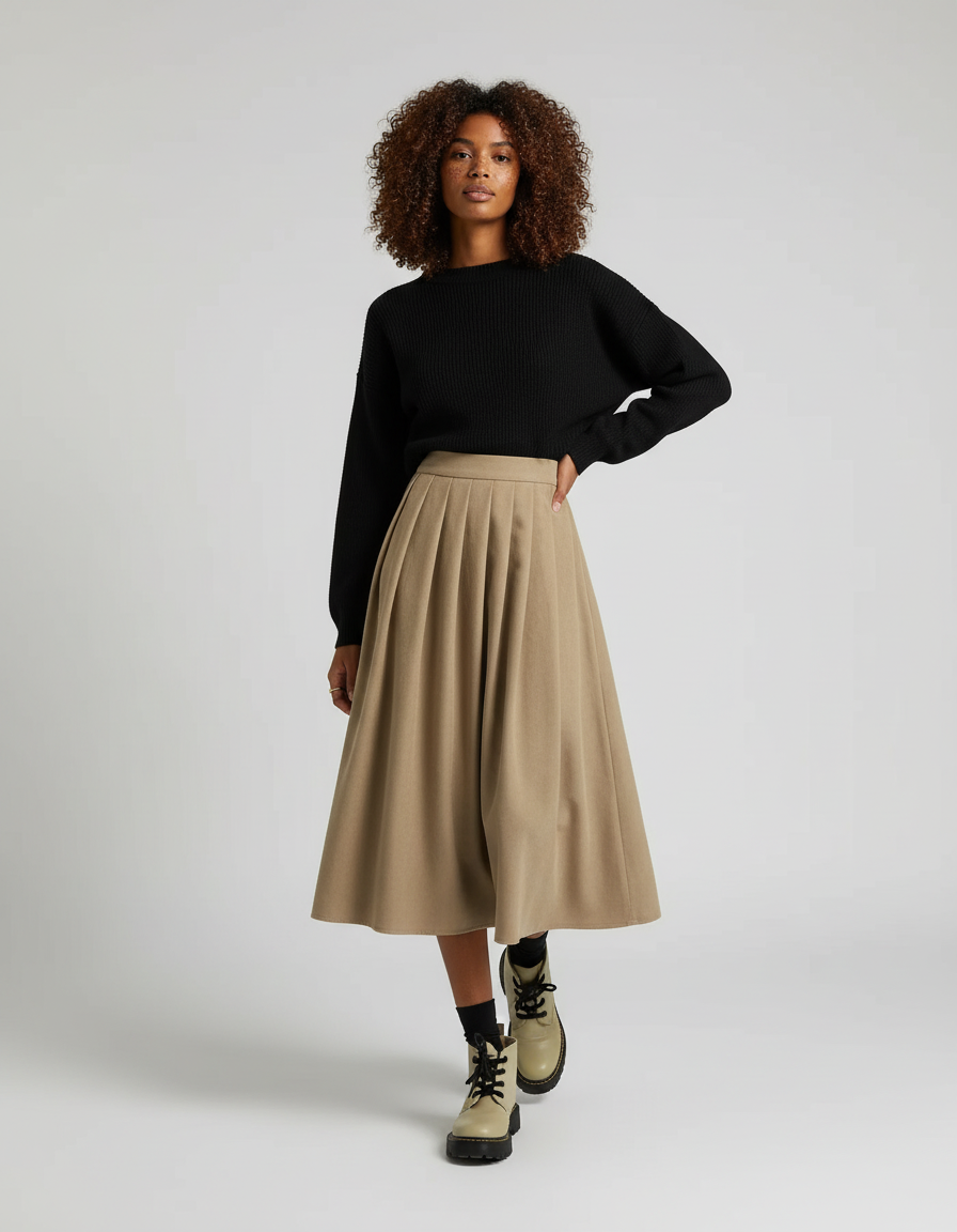 Jupe Plissée beige taille haute décontractée