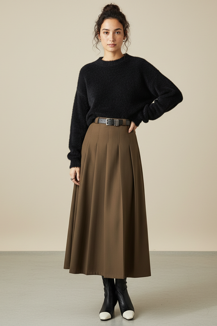Jupe Plissée marron taille haute élégante raffinée