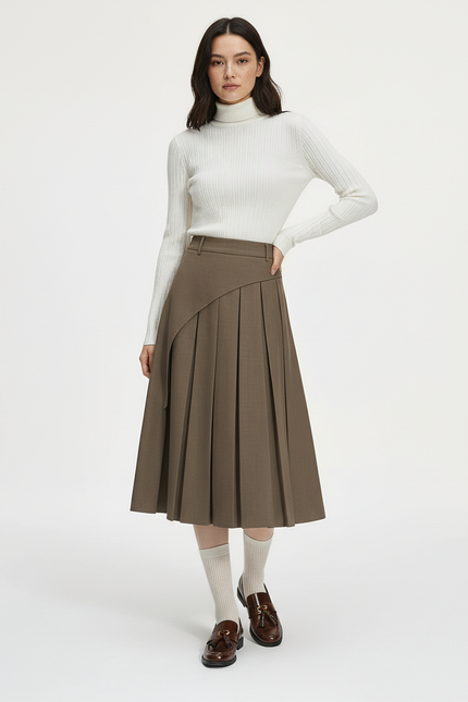 Jupe Plissée Marron Asymétrique Chic