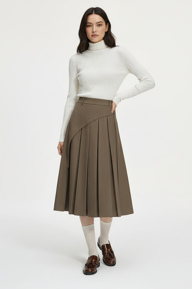 Jupe Plissée Marron Asymétrique Chic