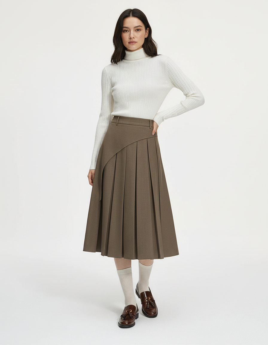 Jupe Plissée Marron Asymétrique Chic