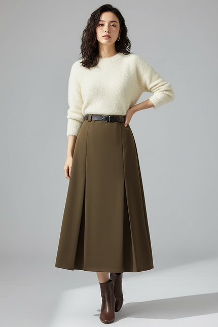 Jupe Plissée Kaki Longue Chic